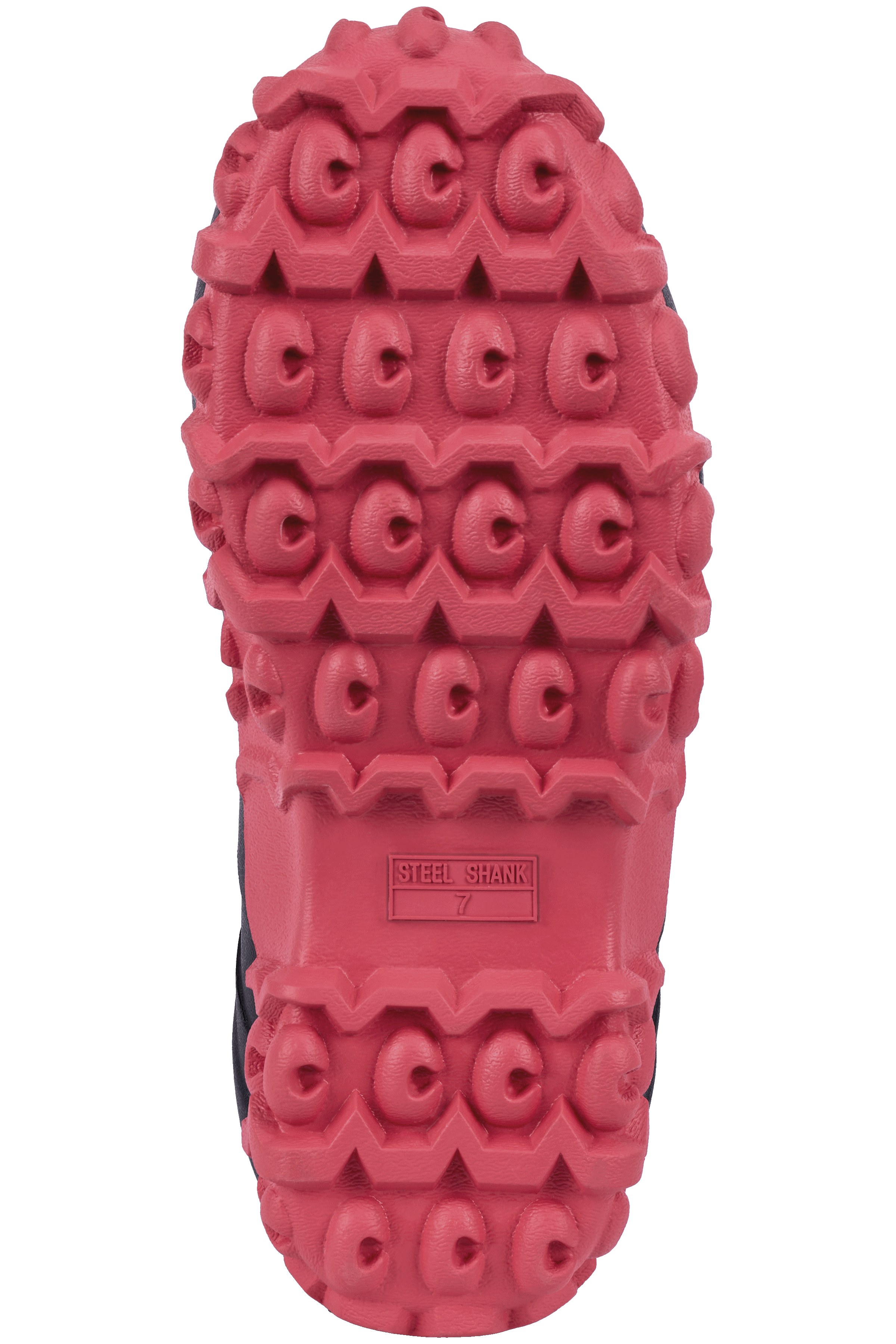Close-up of outsole tread on Trudave MudTrek Series mid-calf waterproof rubber rain boots – pink camo design showing deep slip-resistant pattern for traction and durability in wet outdoor conditions